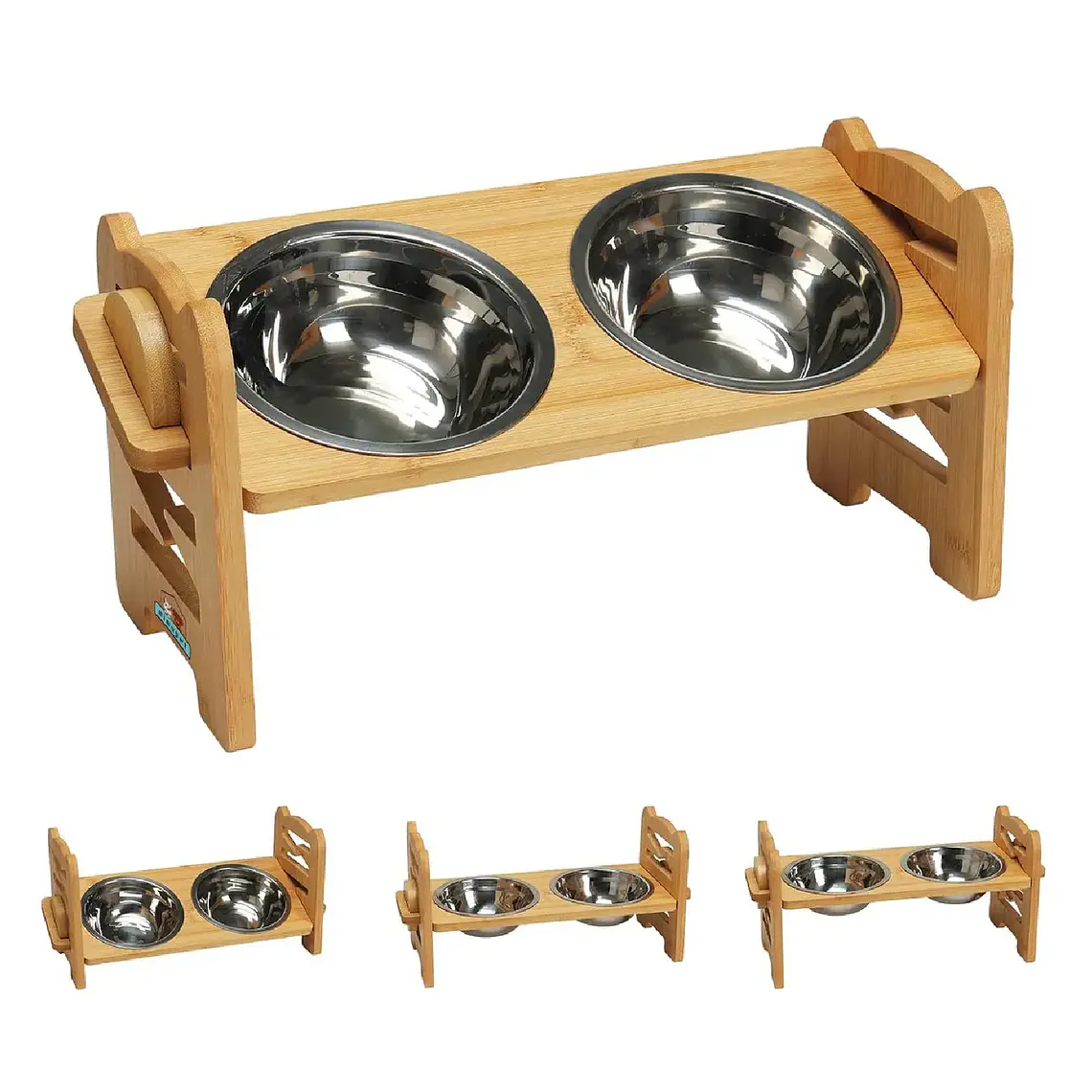 Comedero Bebedero Elevado Ajustable De Bambu Perros Y Gatos 1