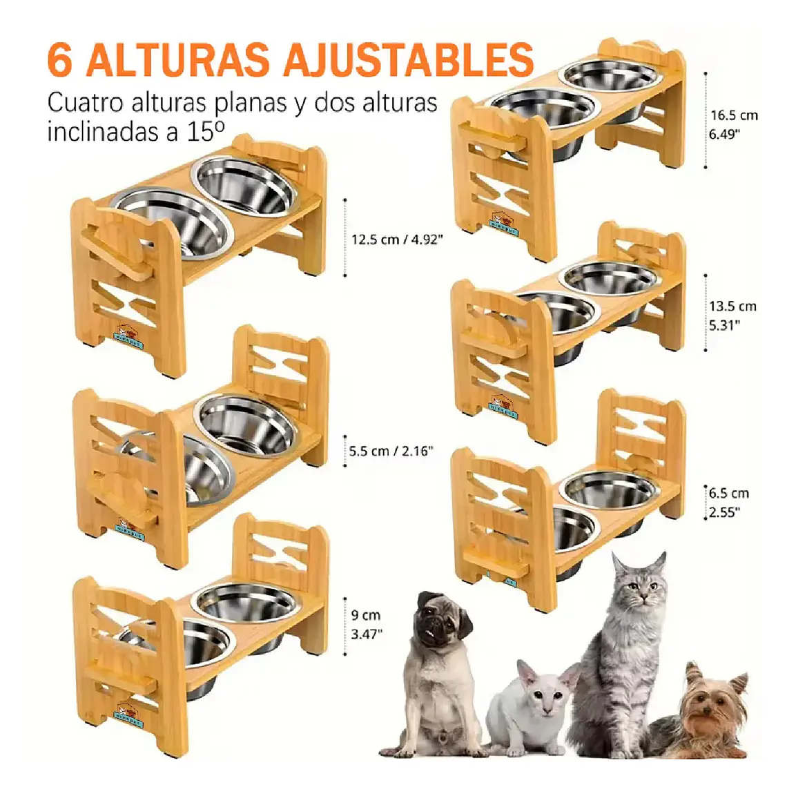 Comedero Bebedero Elevado Ajustable De Bambu Perros Y Gatos 2
