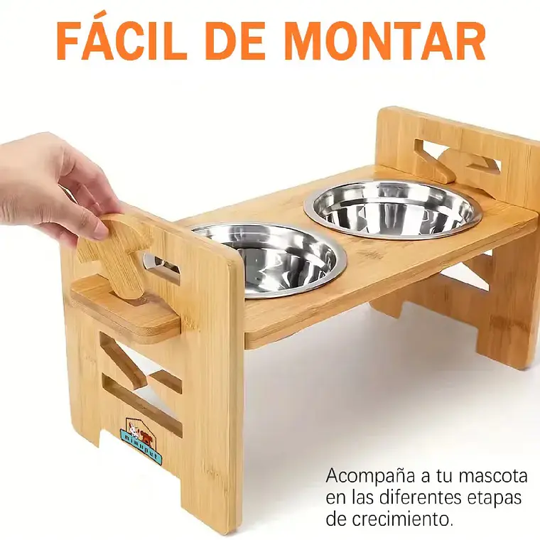 Comedero Bebedero Elevado Ajustable De Bambu Perros Y Gatos 4