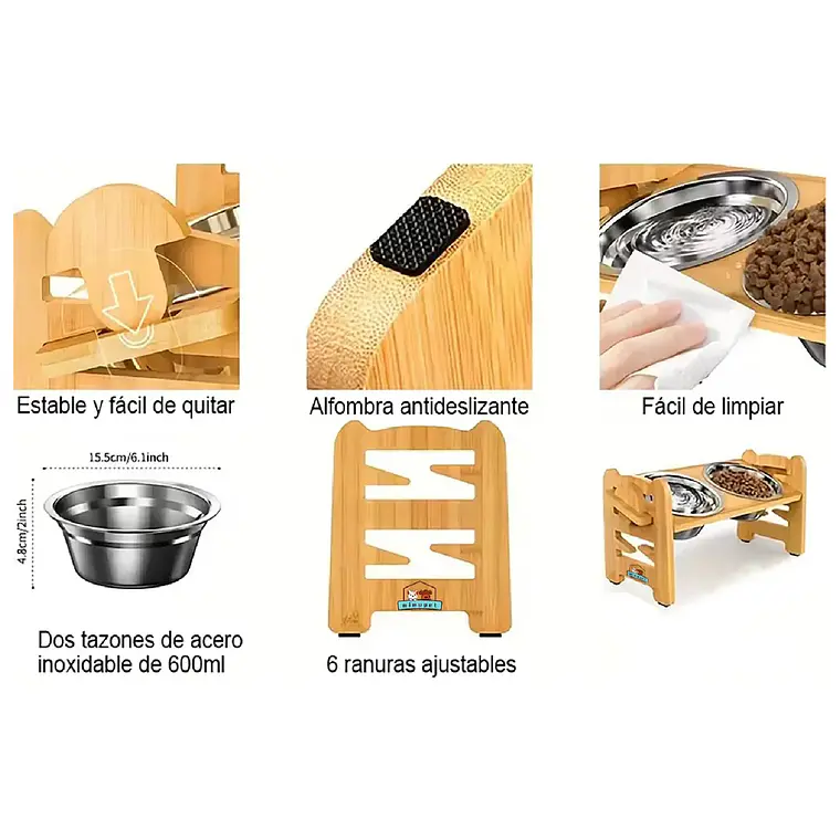 Comedero Bebedero Elevado Ajustable De Bambu Perros Y Gatos 3