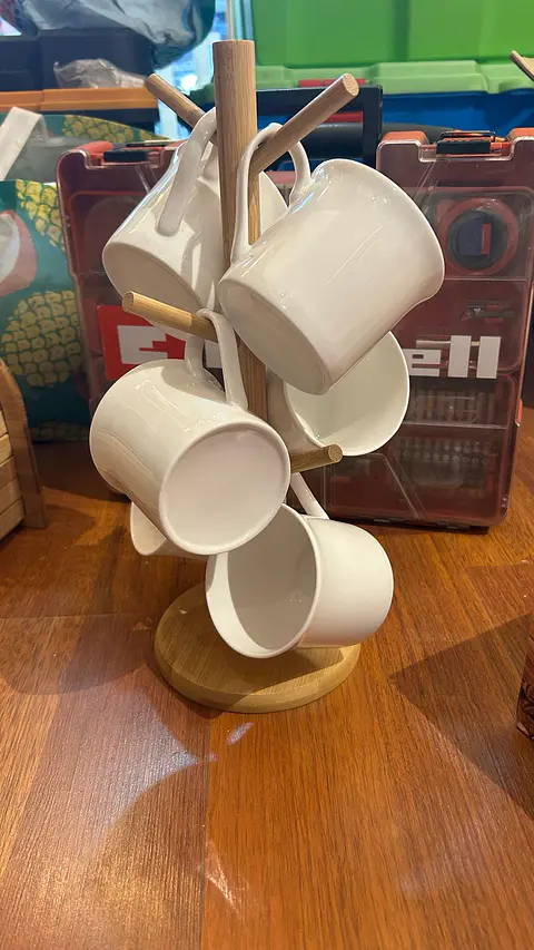 Set de 6 Tazas Grandes Cerámica con Base de Bamboo
