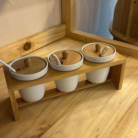 Set 3 Pcs Salsero con Base Bamboo