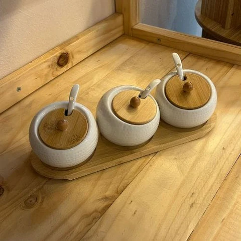 Set Contenedor 3 Pcs Cerámica Base Bamboo