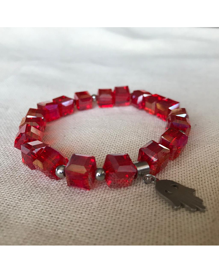 Pulsera Cristales Cuadrados con Dije de Acero Mano de Fatima