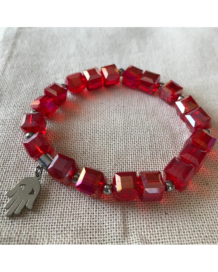 Pulsera Cristales Cuadrados con Dije de Acero Mano de Fatima