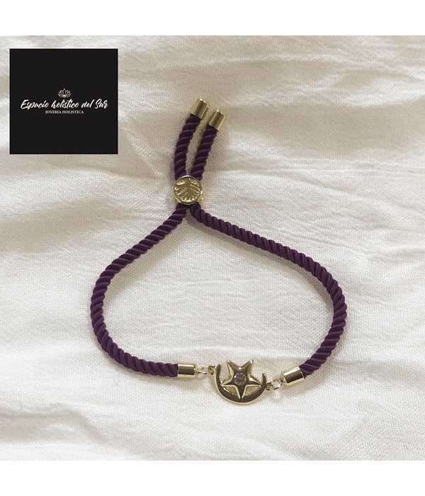 Pulsera de cordón  Morado  con Dije de Luna y Estrella 