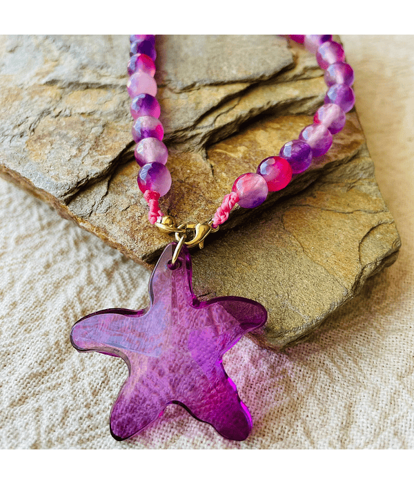 Collar Agatas Rosas con Dije estrella de Mar