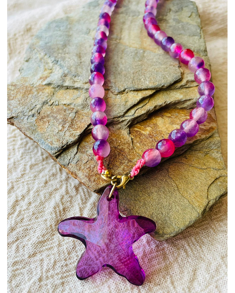 Collar Agatas Rosas con Dije estrella de Mar