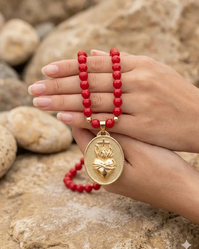 collar ágatas rojas  y sagrado corazón de Jesus