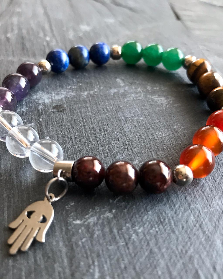 Pulsera 7 chakras con Dije de Mano de Fatima en Acero