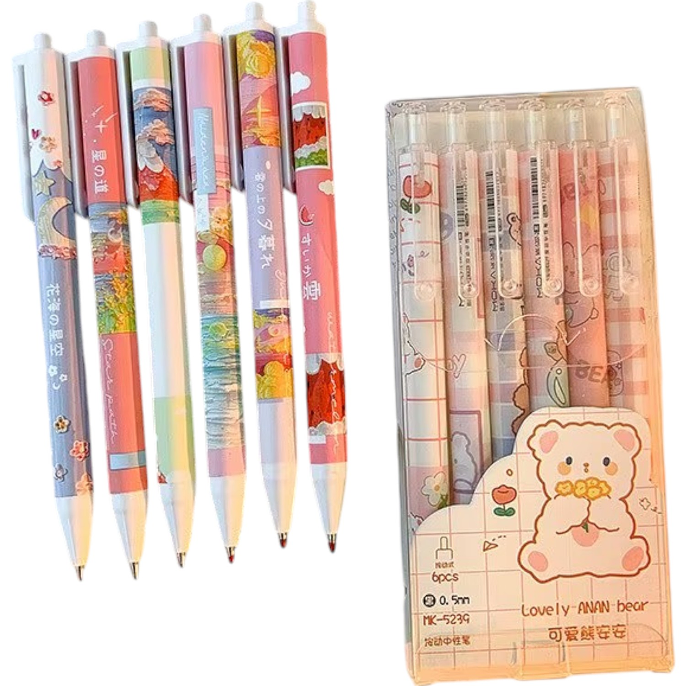 Set 6 Pcs Lapices Pasta Kawai Diseños Surtidos Boligrafo