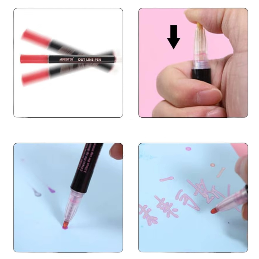 Set 8 Pcs Plumones Con Contorno Doble Linea Colores 2