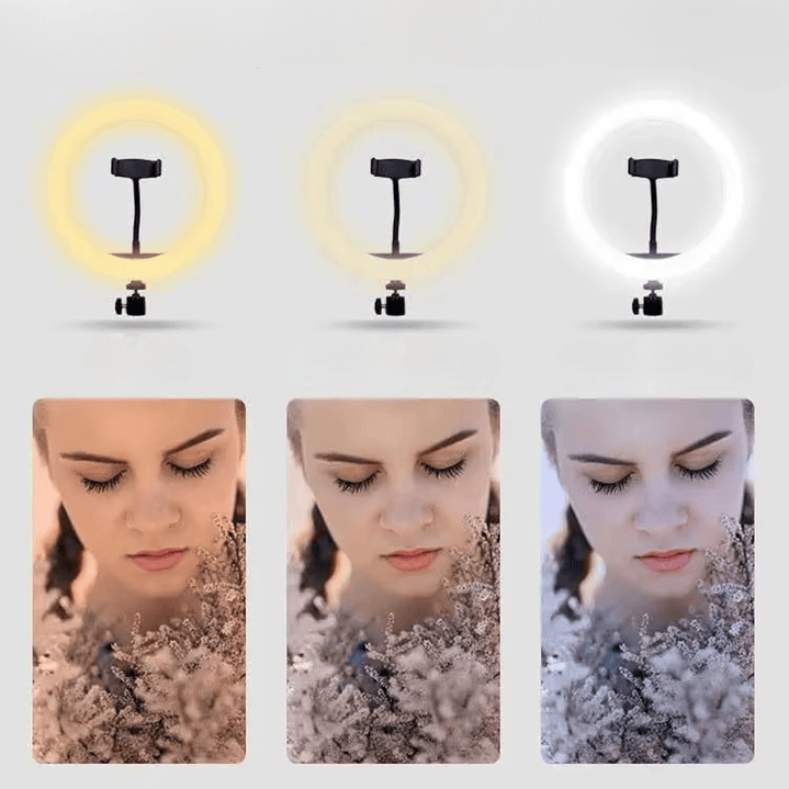 Aro Luz 26 cm 3 Niveles de Luz + Trípode Mesa + Soporte Celular 5