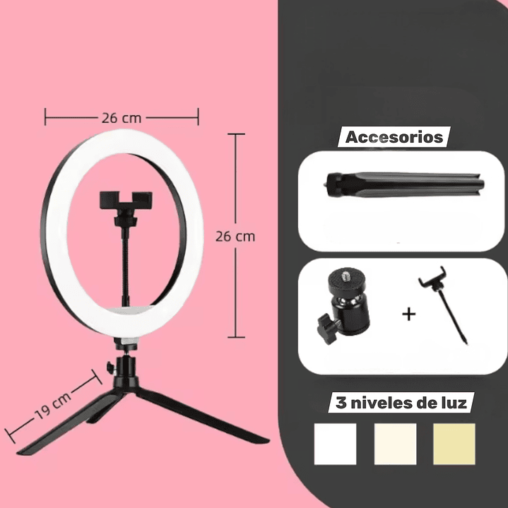 Aro Luz 26 cm 3 Niveles de Luz + Trípode Mesa + Soporte Celular 2