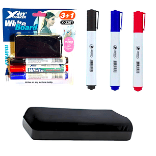 Set 4 Pcs - Borrador + 3 Plumones Rojo Azul Negro
