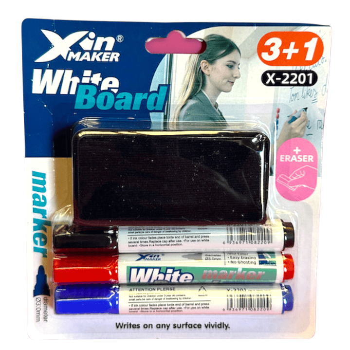 Set 4 Pcs - Borrador + 3 Plumones Rojo Azul Negro 2