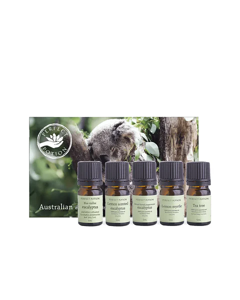 Australian Essential oil kit.  Una selección de aceites esenciales australianos inspirados en el bienestar cotidiano y la naturaleza pura.