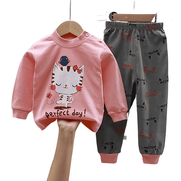Pijama Niña Infantil Manga Larga Algodon Gatita Rosa  1