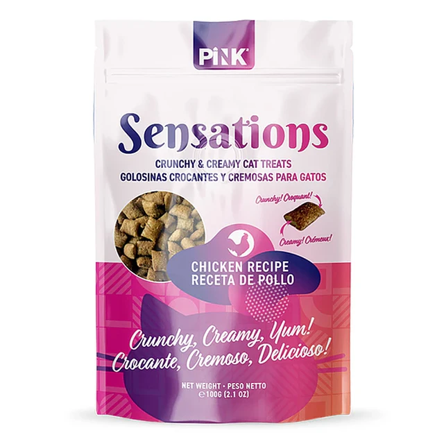 Pink Sensations Chicken Recipe – Golosinas Crocantes y Cremosas para Gatos 100gr.