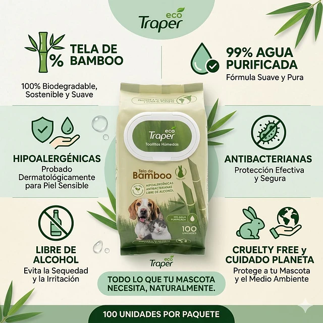 Toallitas Húmedas Eco Traper Tela de Bambú (100 unidades)