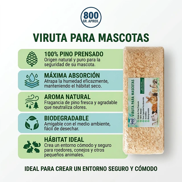 Viruta de Pino Natural Prensado para Mascotas 800g