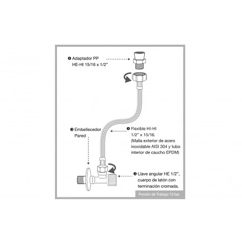 KIT LLAVE ANGULAR ACERO INOX FLEXIBLE DE VINILO HI/HI 1/2" X 15/16" CONADAPTADOR A 1/2"