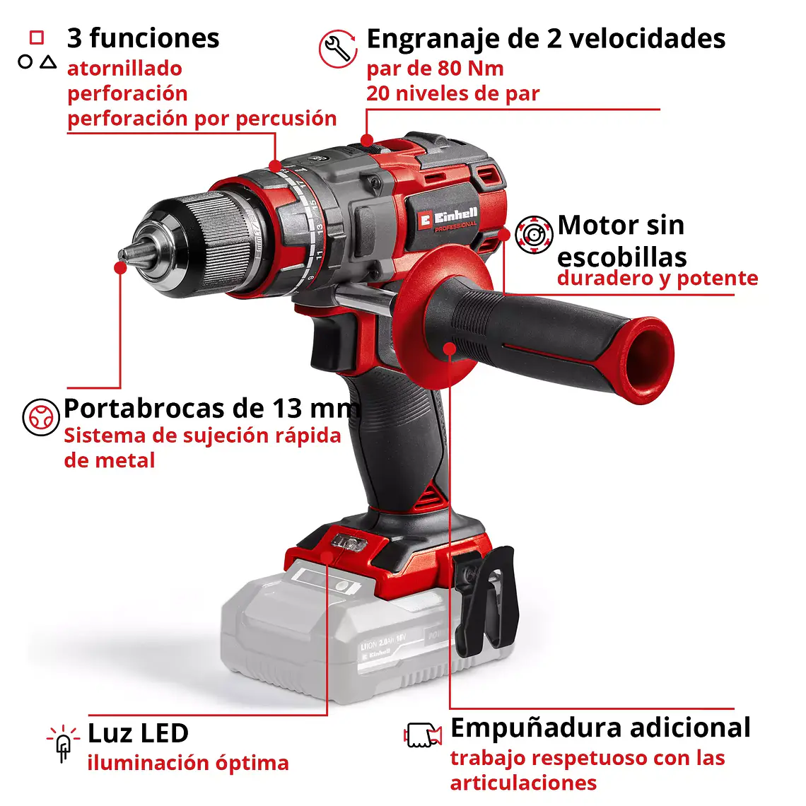 PROFESSIONAL Taladro de impacto inalámbrico TP-CD 18/80 Li-i BL - Solo 3