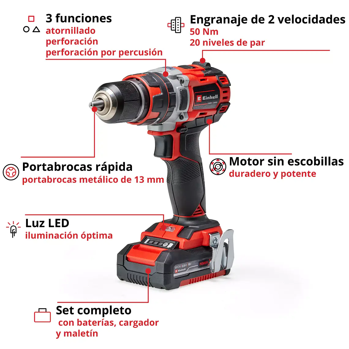 PROFESSIONAL Taladro de impacto inalámbrico TP-CD 18/50 Li-i BL (2x2,0Ah) 3
