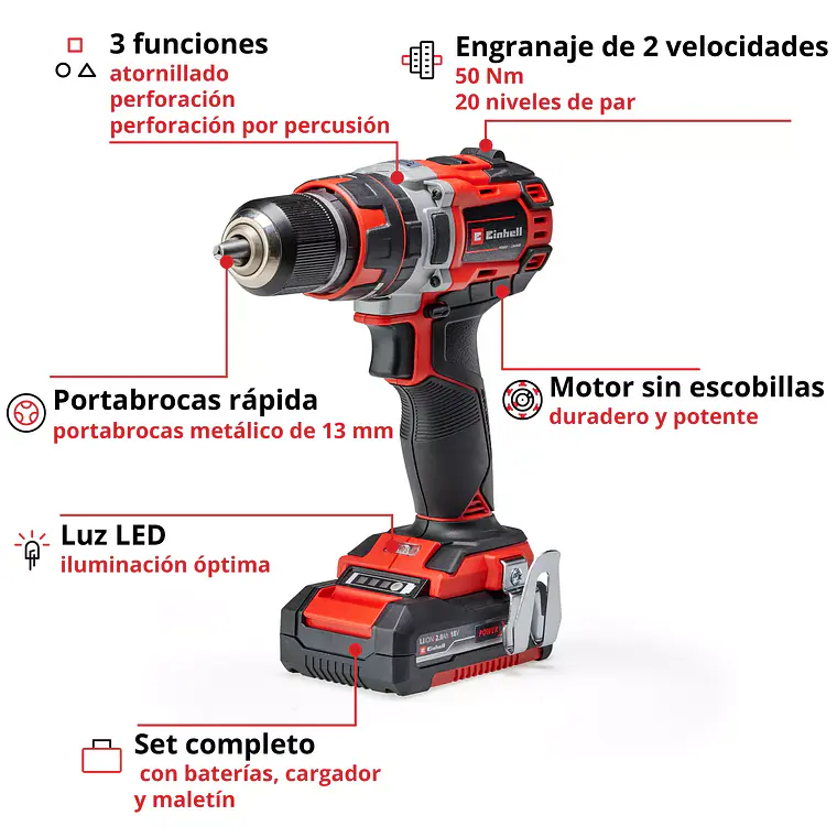 PROFESSIONAL Taladro de impacto inalámbrico TP-CD 18/50 Li-i BL (2x2,0Ah) 3