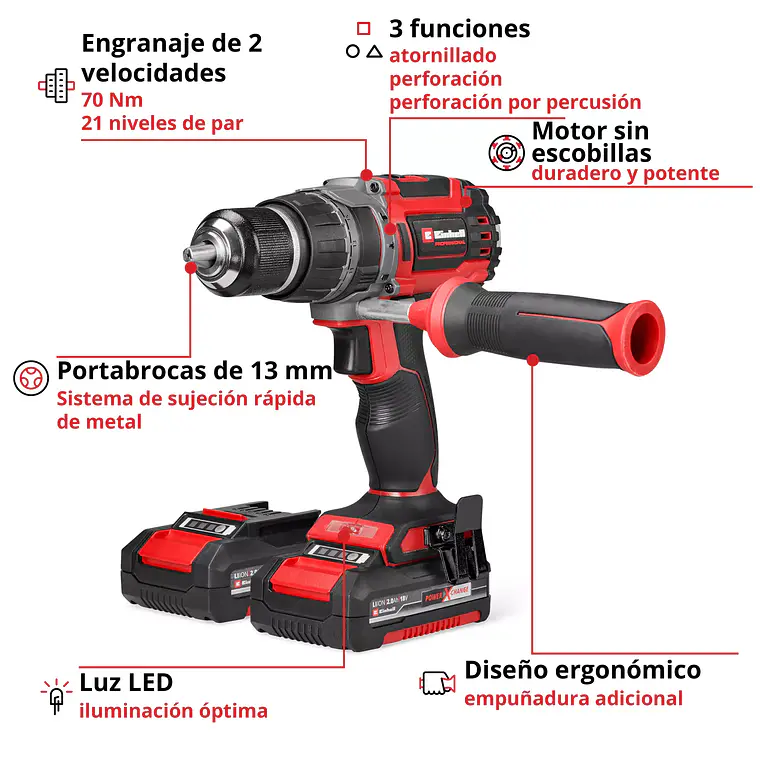 PROFESSIONAL Taladro de impacto inalámbrico TP-CD 18/70 Li-i BL (2x2,0Ah) 4
