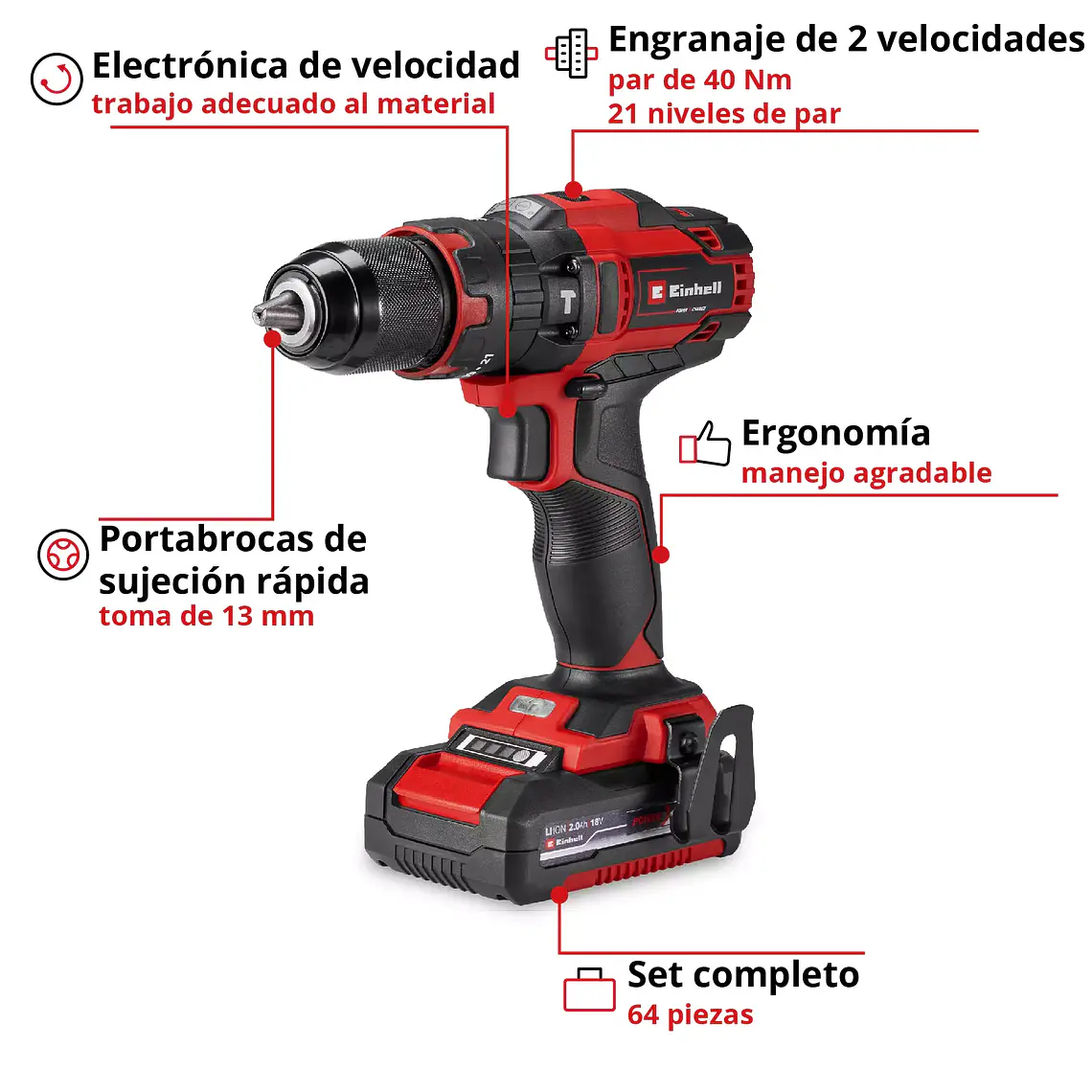 Taladro de impacto inalámbrico TE-CD 18/40 Li-i +64 (1x2,0Ah) 3