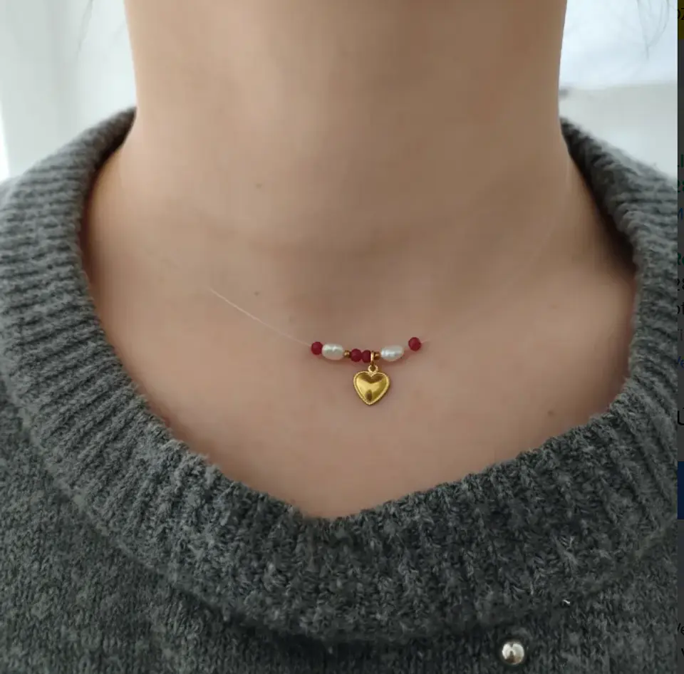 Collar invisible Acero Inoxidable Corazón y cristales rojos 3