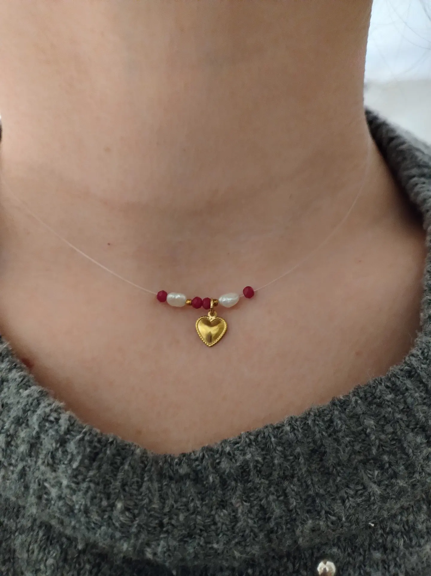 Collar invisible Acero Inoxidable Corazón y cristales rojos 4