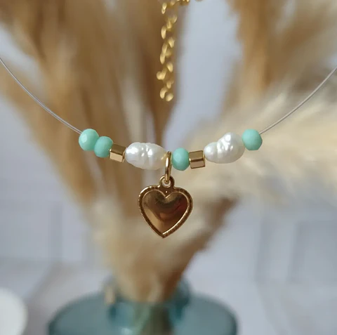 Collar invisible acero inoxidable corazón y verde agua