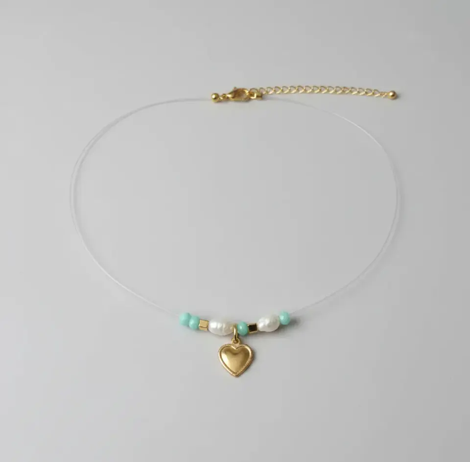 Collar invisible acero inoxidable corazón y verde agua 3