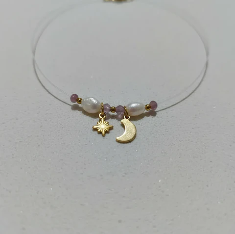 Collar invisible acero inoxidable luna y estrella con amatista