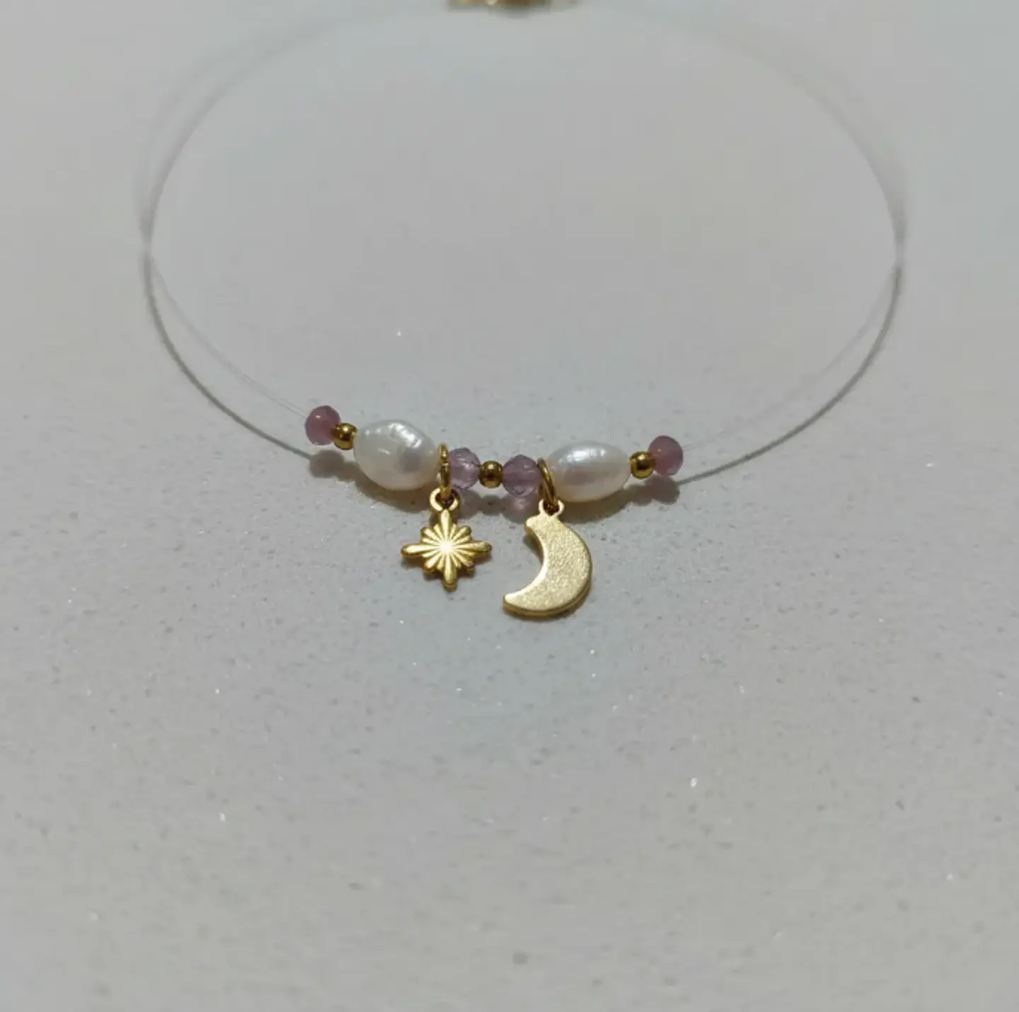 Collar invisible acero inoxidable luna y estrella con amatista 1