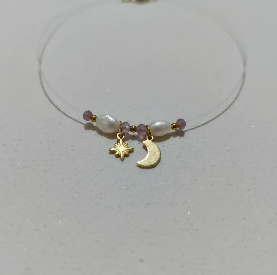 Collar invisible acero inoxidable luna y estrella con amatista 1