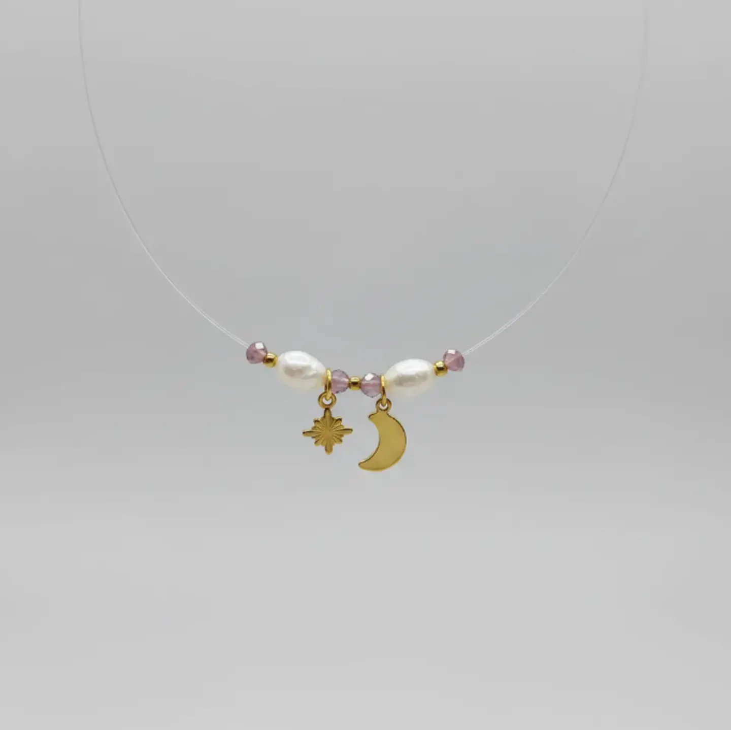 Collar invisible acero inoxidable luna y estrella con amatista 2