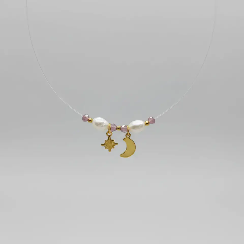 Collar invisible acero inoxidable luna y estrella con amatista 2
