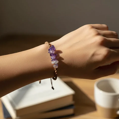 Pulsera Luisa Chip de Amatista e hilo café claro
