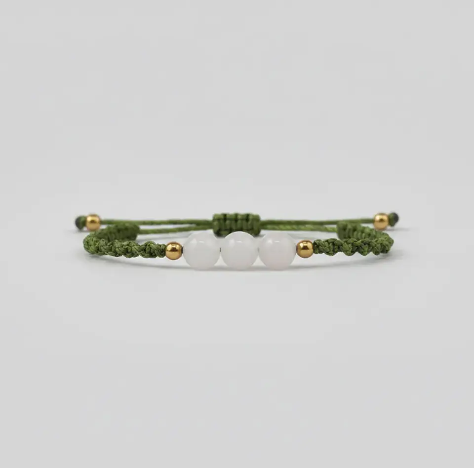 Pulsera Luisa Cuarzo rosa, pirita con hilo verde musgo 2