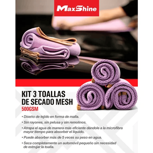 MaxShine® - Drying Mesh Microfiber Towel - Pack 3 Toallas para Optimo Secado 520gsm 6
