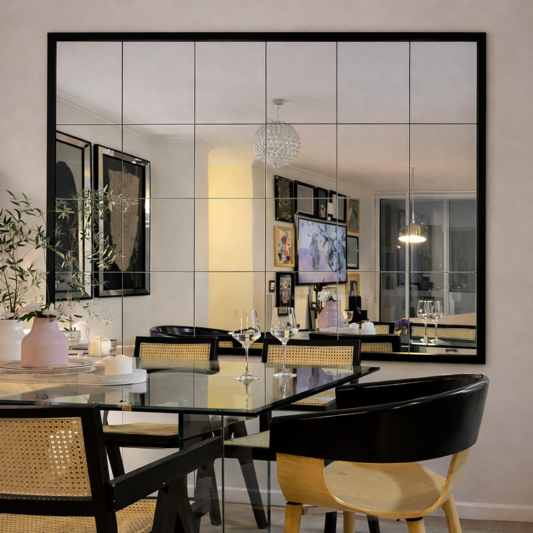 Espejo Marco Liso Diseño Interior Cuadriculado Paños Pulidos 1