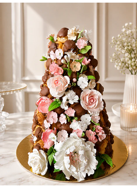 Croquembouche chocolate y flores 100u