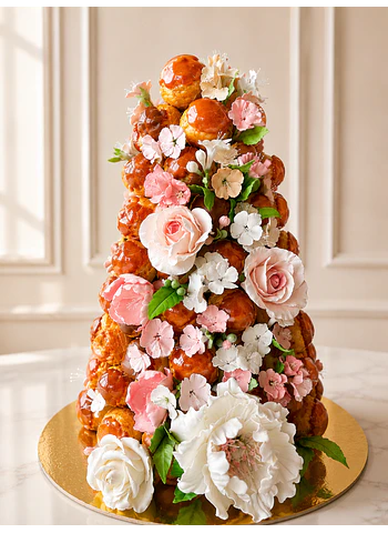 Croquembouche caramelo y flores 120u