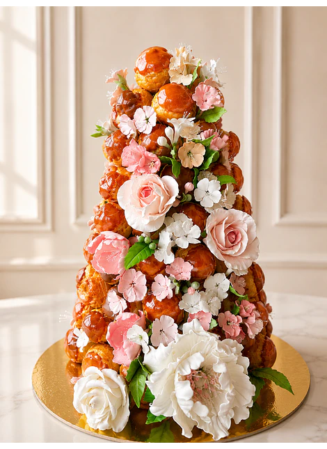 Croquembouche caramelo y flores 120u