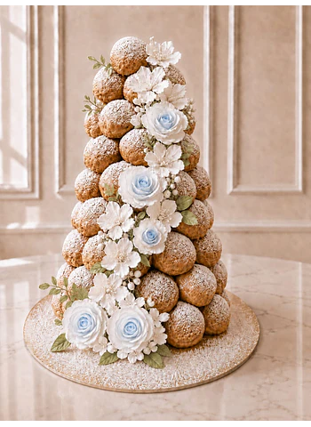 Croquembouche flores en tonos celestes y blanco, 60 unidades de profiterol