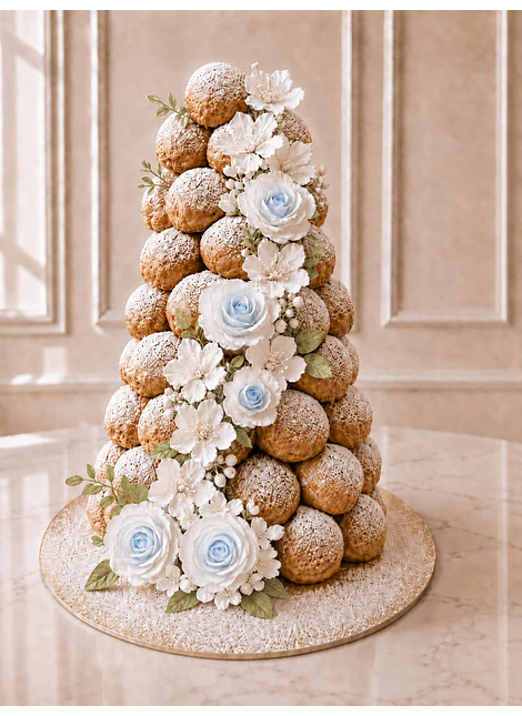 Croquembouche flores en tonos celestes y blanco, 60 unidades de profiterol
