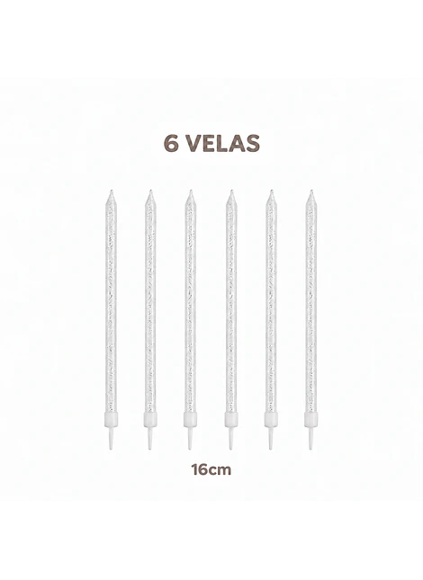 6 Velas blancas con plateado I 16cm